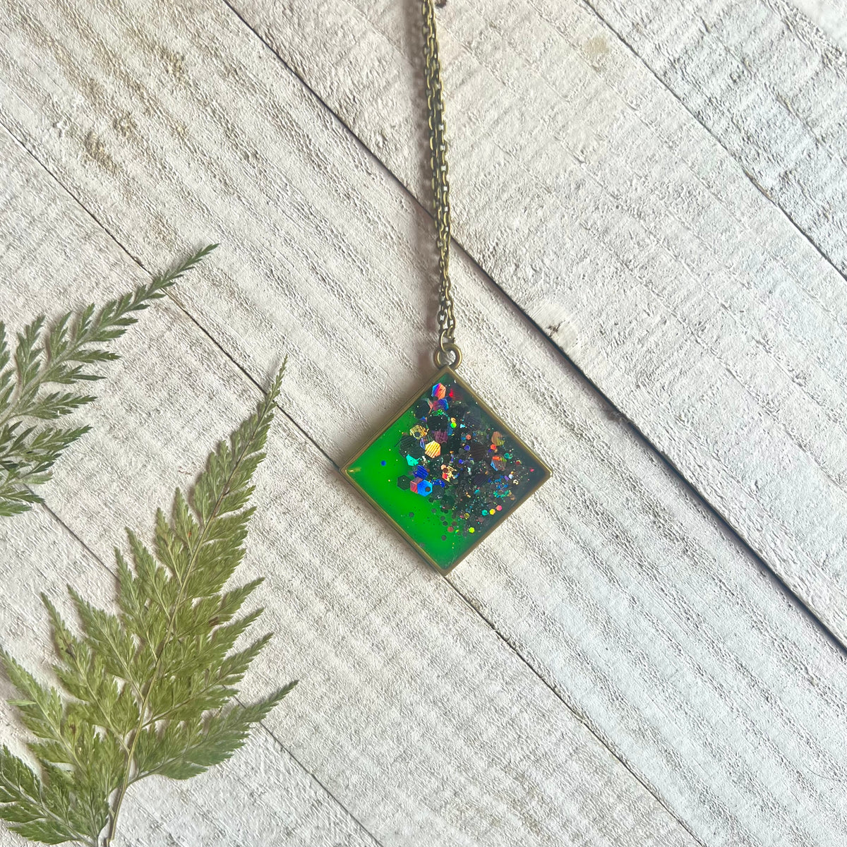 Green Glow-in-the-Dark Glitter Resin Necklace