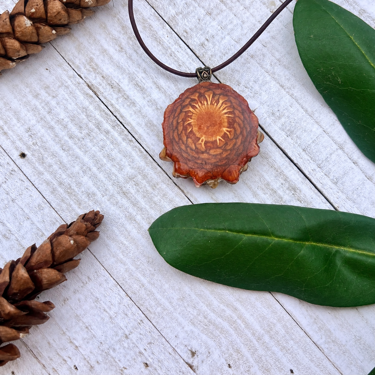 White Daisy Knobcone Pinecone Necklace