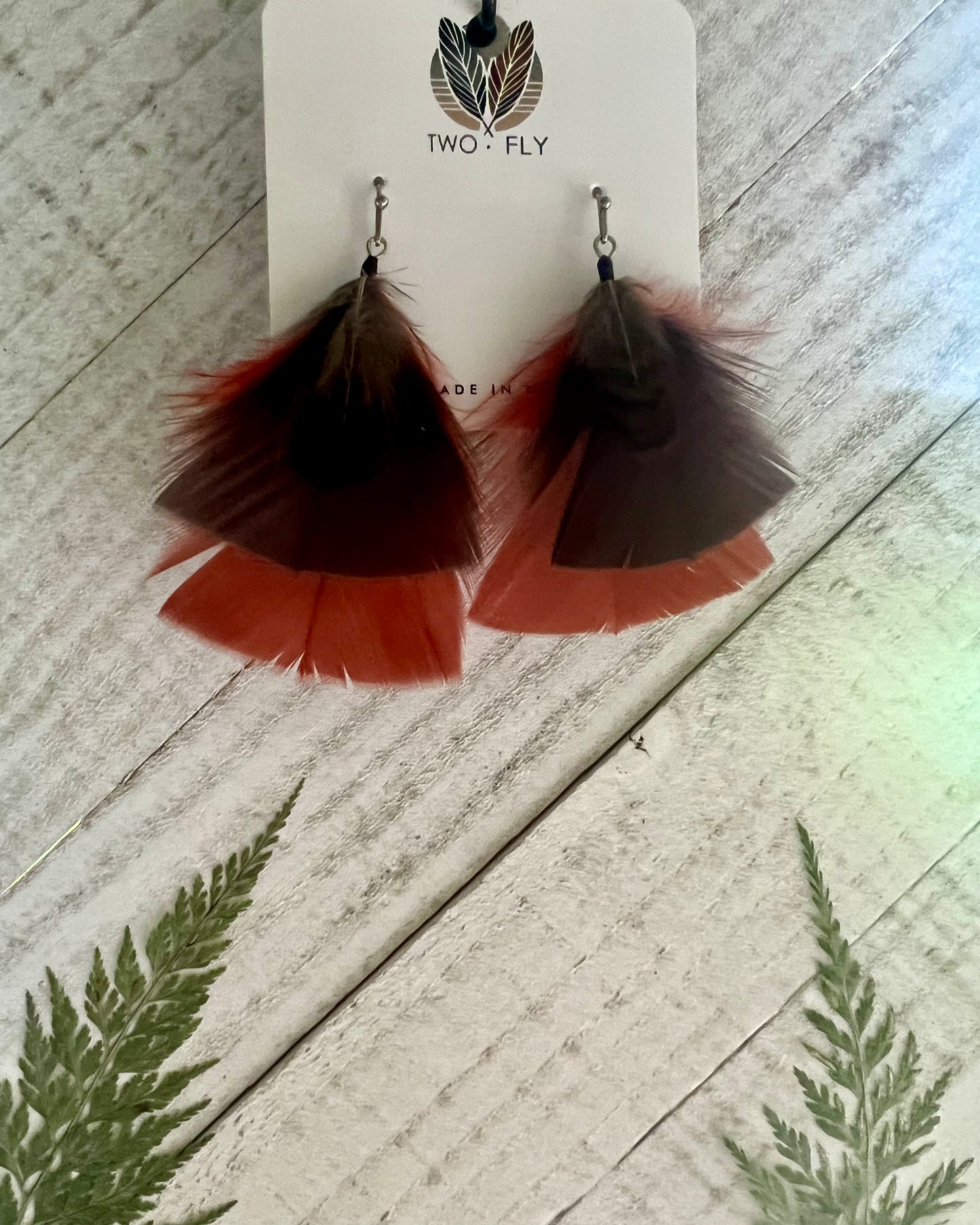 Deep Brown & Orange Fan Feather Earrings