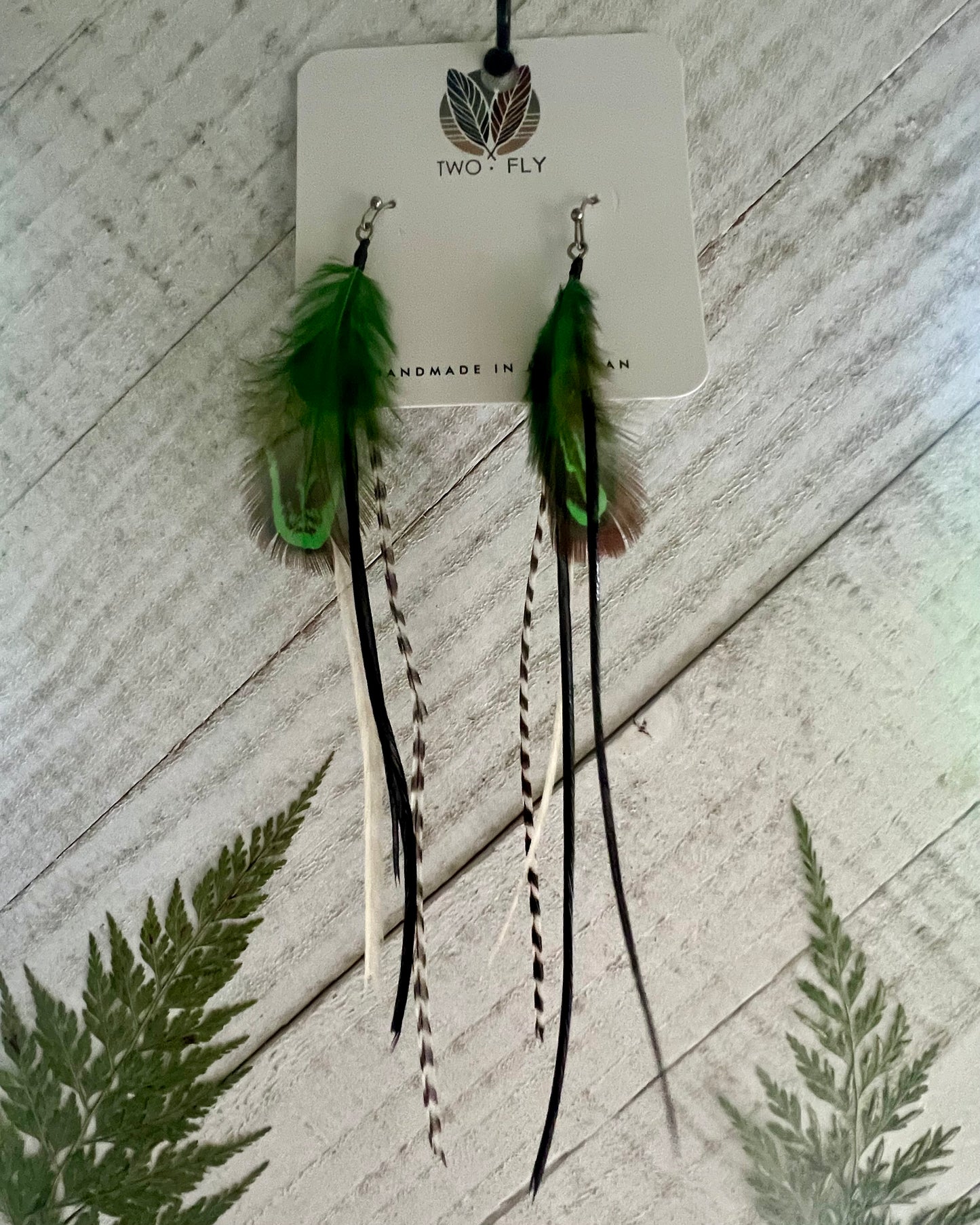 Green, Black & White Long Feather Earrings