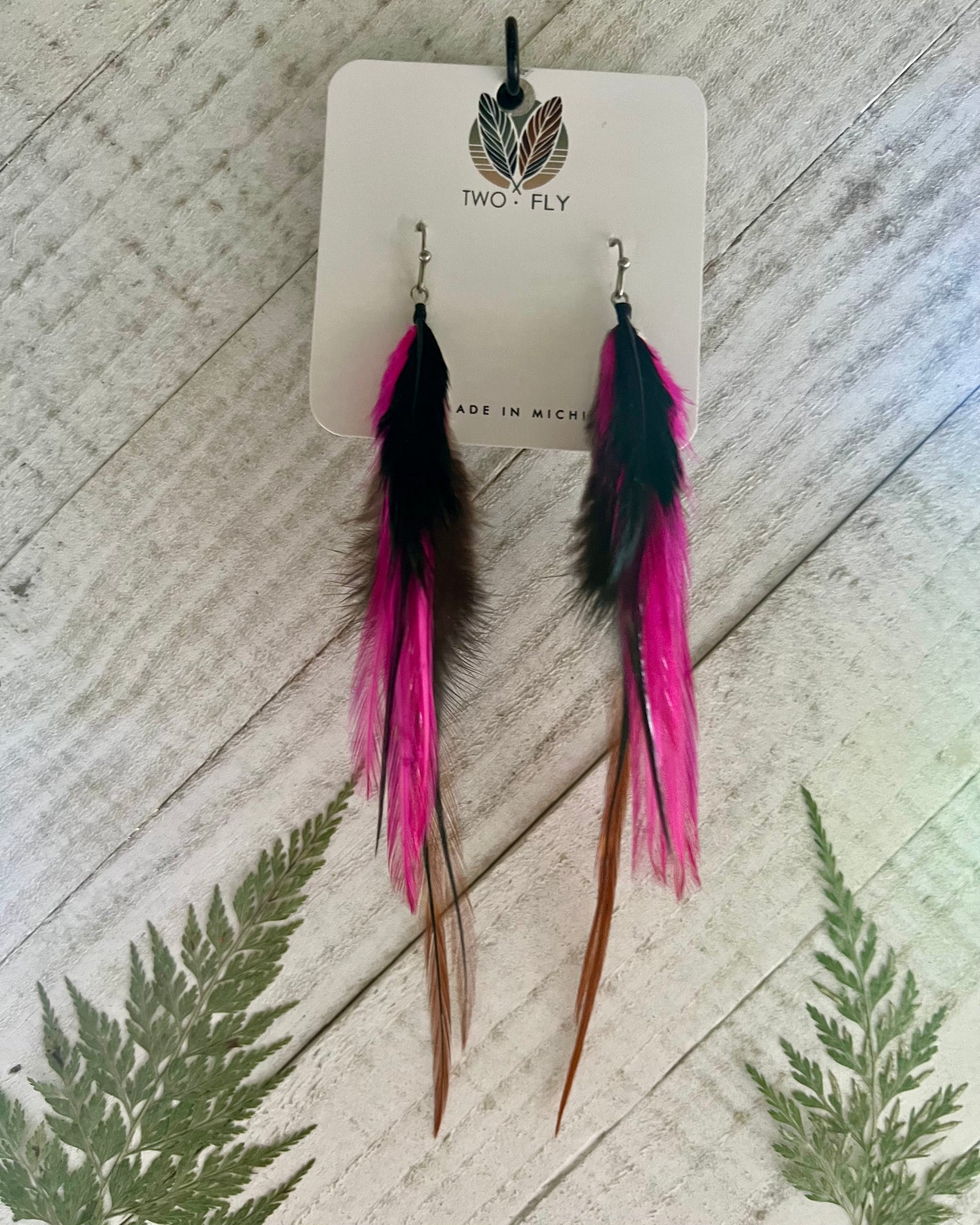 Hot Pink, Black & Brown Feather Earrings