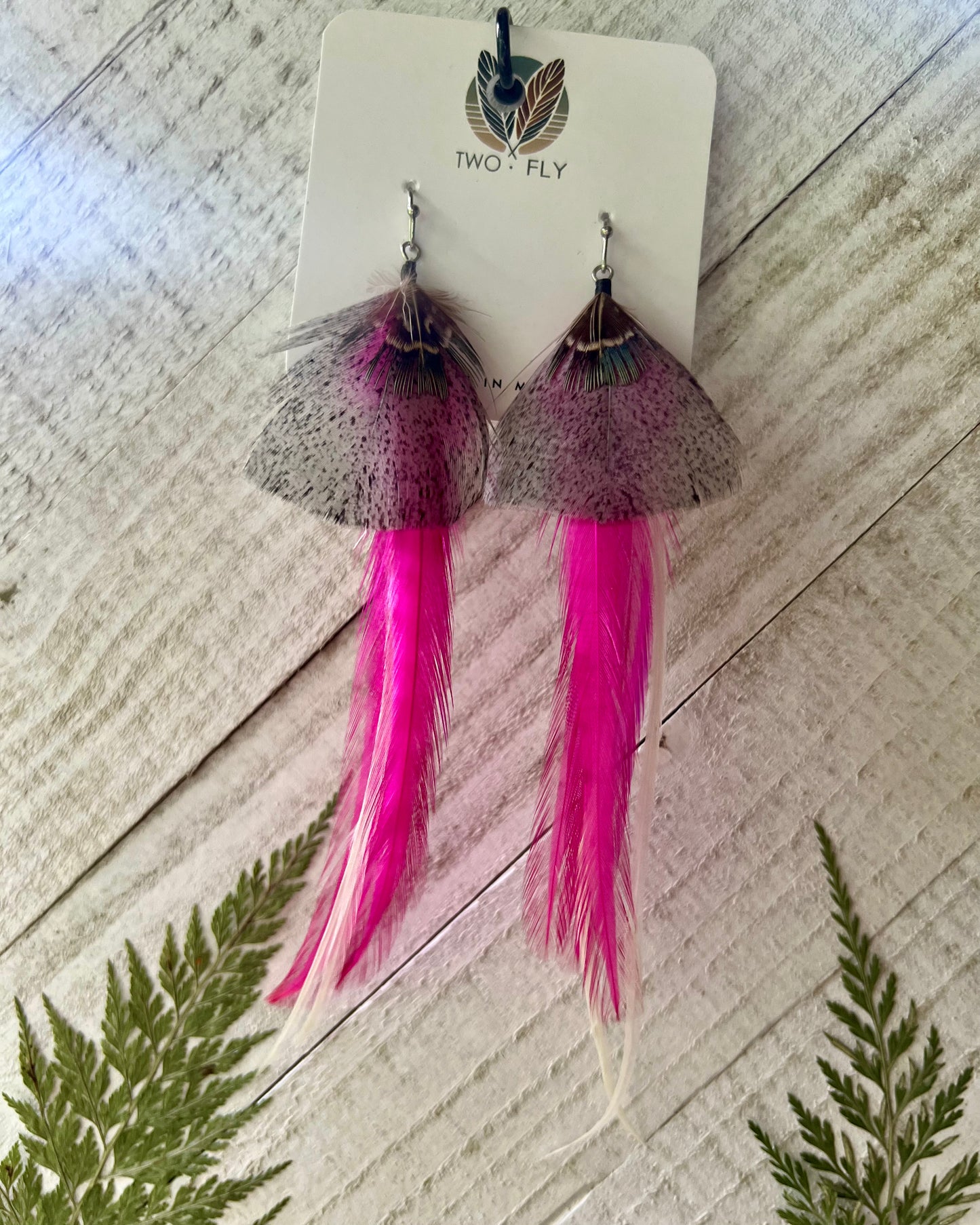 Hot Pink & Speckled Feather Earrings