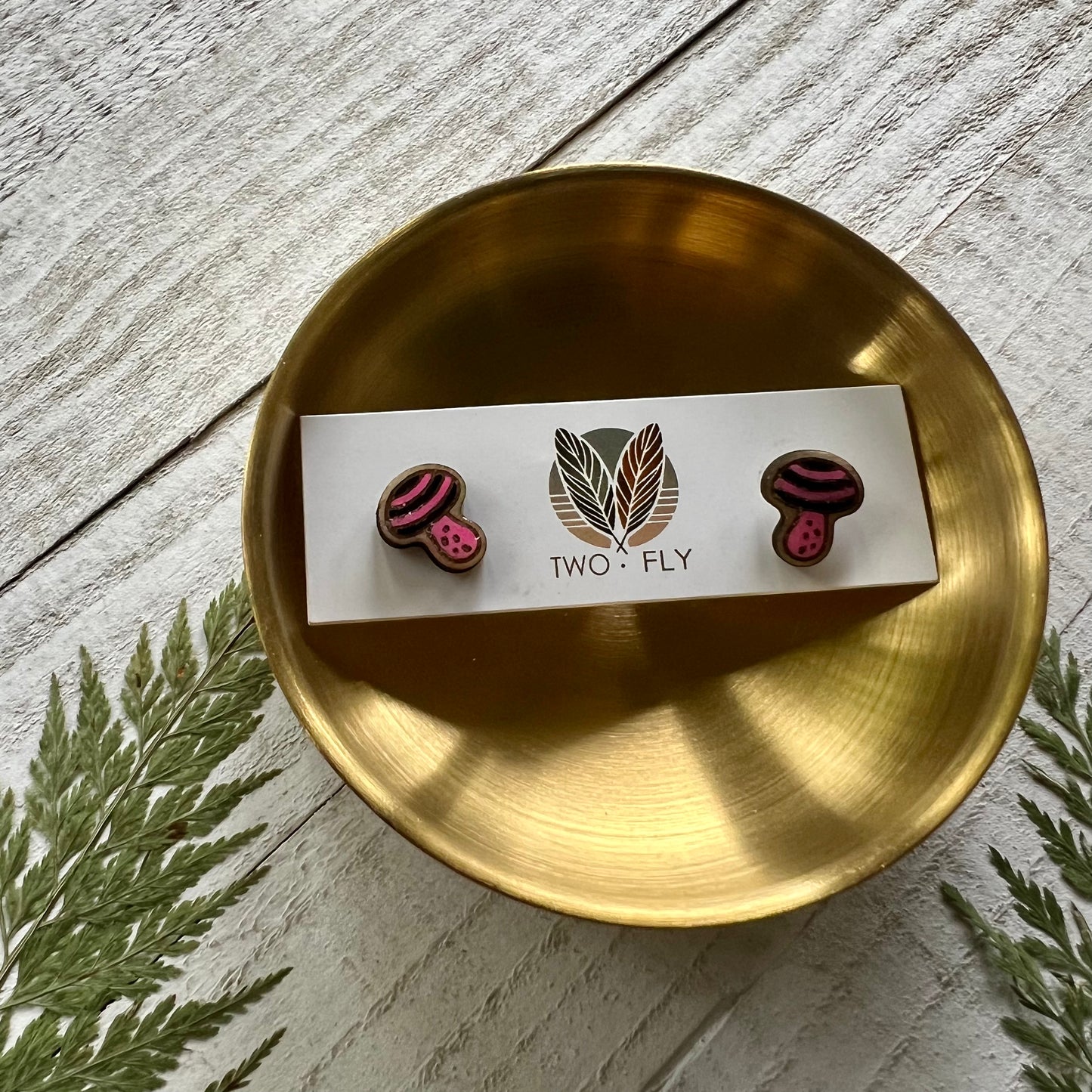 Pink & Black Striped Mushroom Stud Earrings