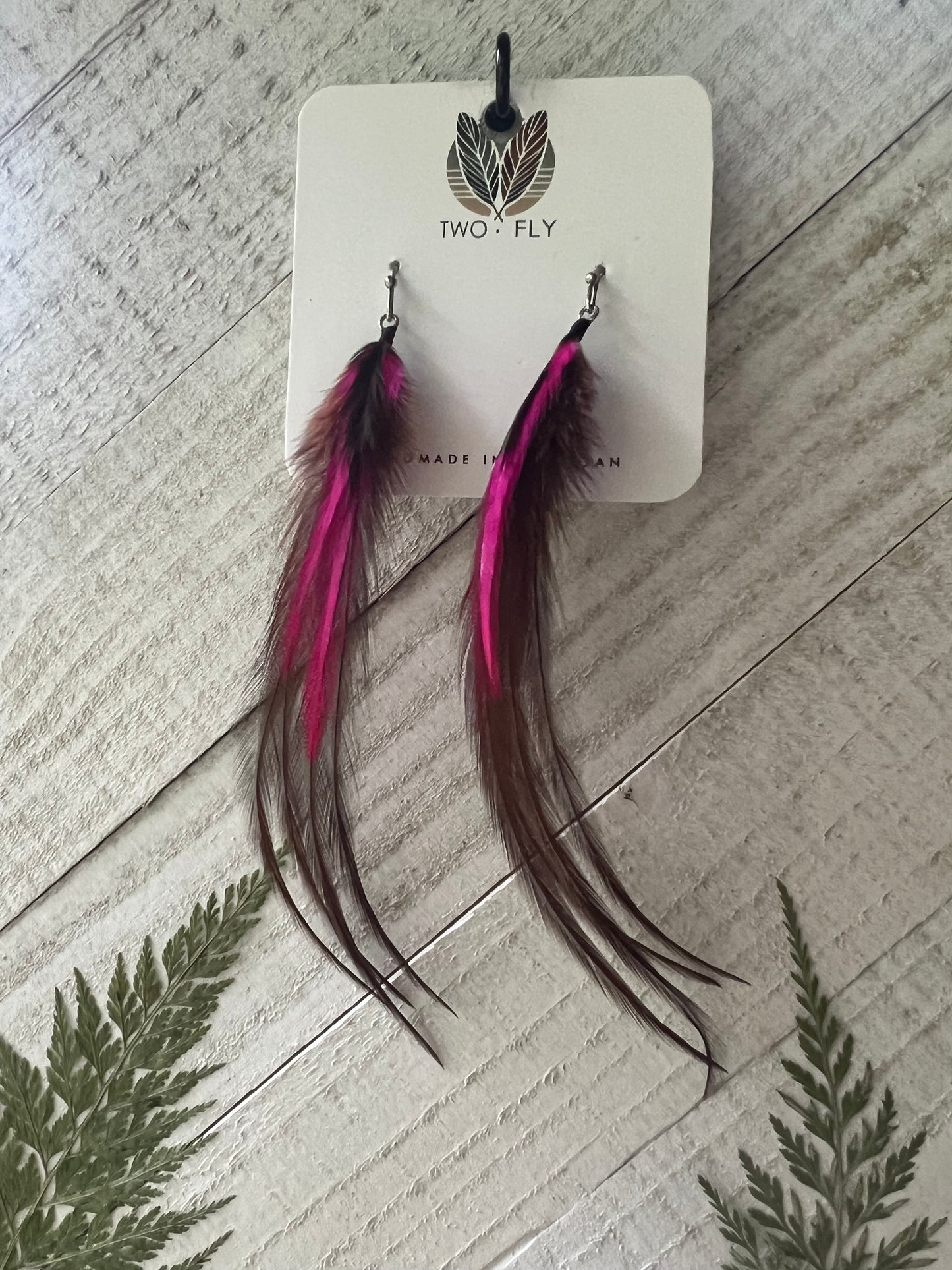 Hot Pink, Black & Brown Feather Earrings