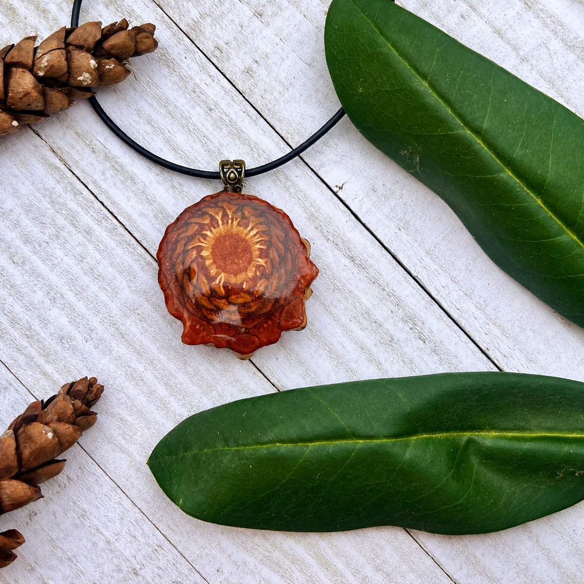White Flower Knobcone Pinecone Necklace