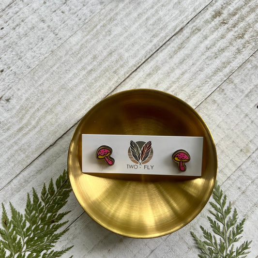 Pink & Yellow Mushroom Stud Earrings
