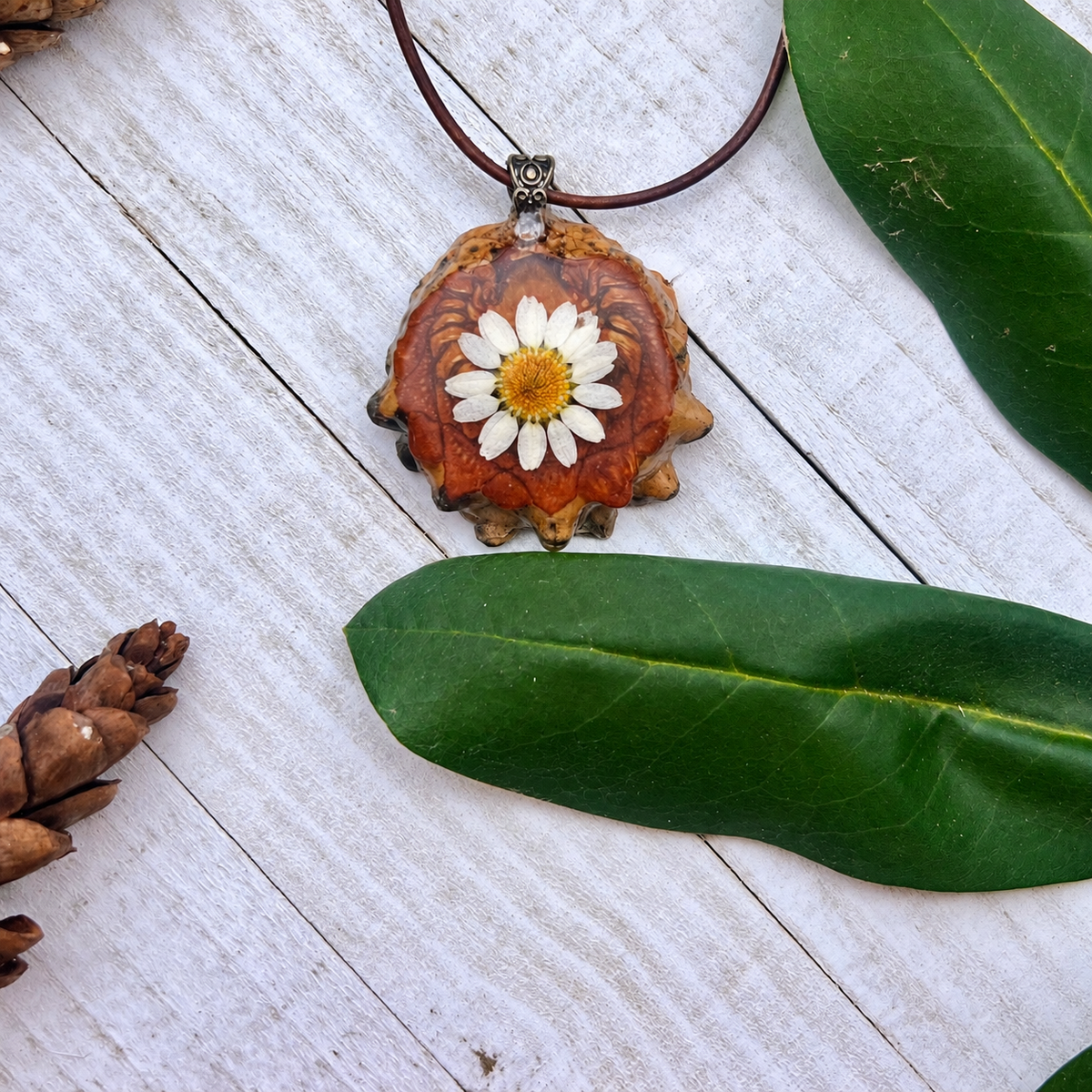 White Daisy Knobcone Pinecone Necklace