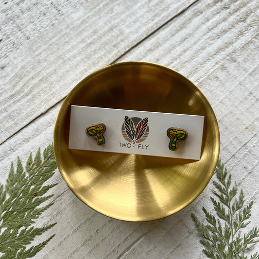 Yellow & Green Striped Mushroom Stud Earrings