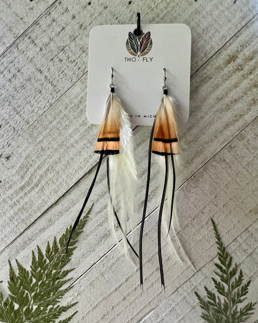 Tan, Peach & White Feather Earrings
