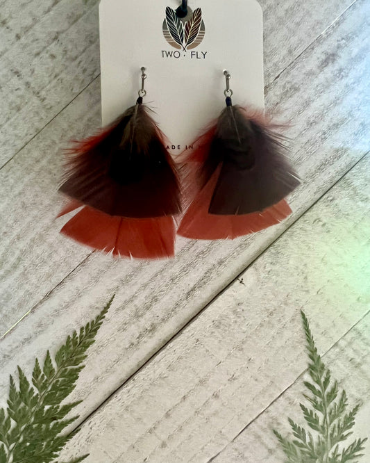 Deep Brown & Orange Fan Feather Earrings