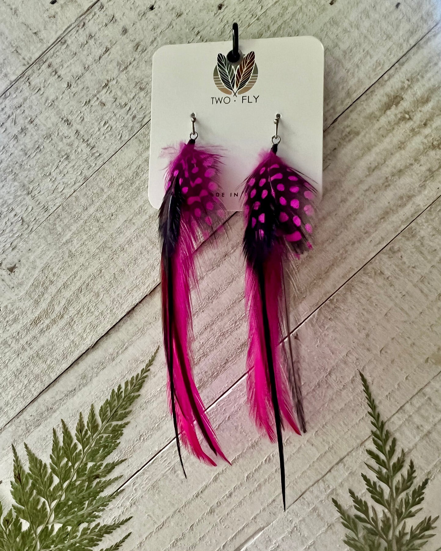 Pink Spotted Feather Earrings