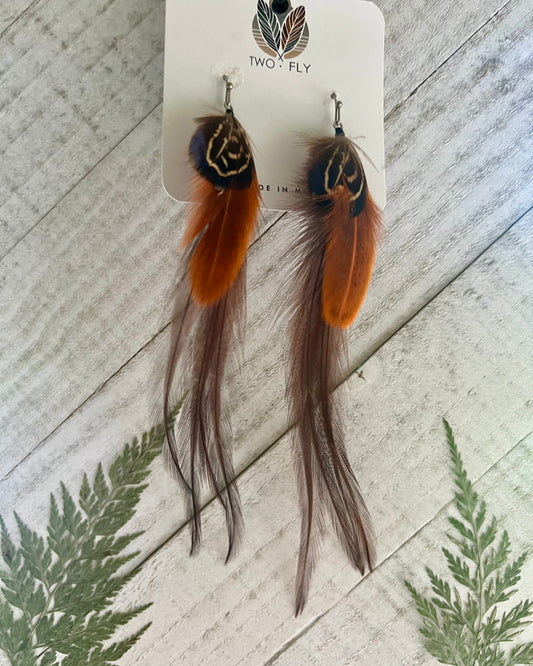 Orange & Brown Long Feather Earrings