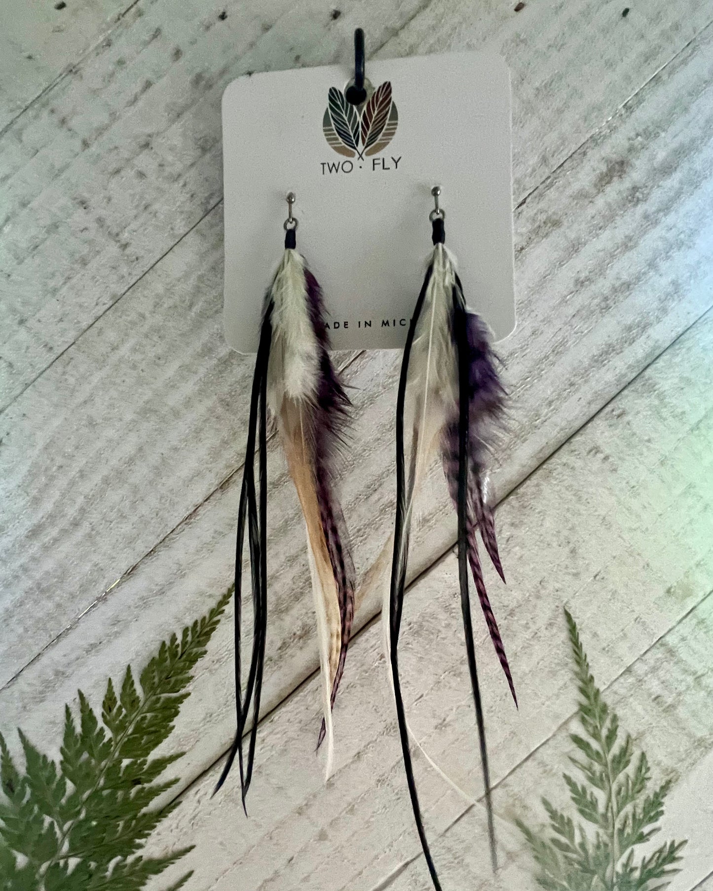 Purple, Black & White Long Feather Earrings
