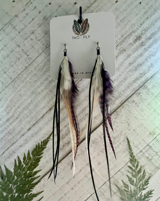 Purple, Black & White Long Feather Earrings