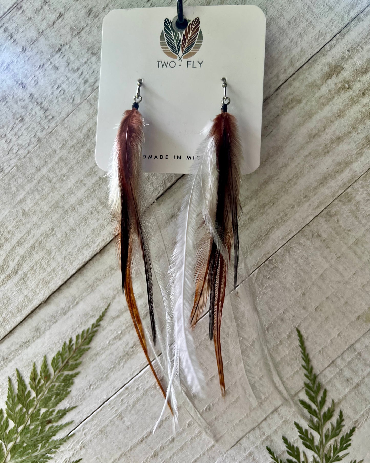 Brown & White Long Feather Earrings