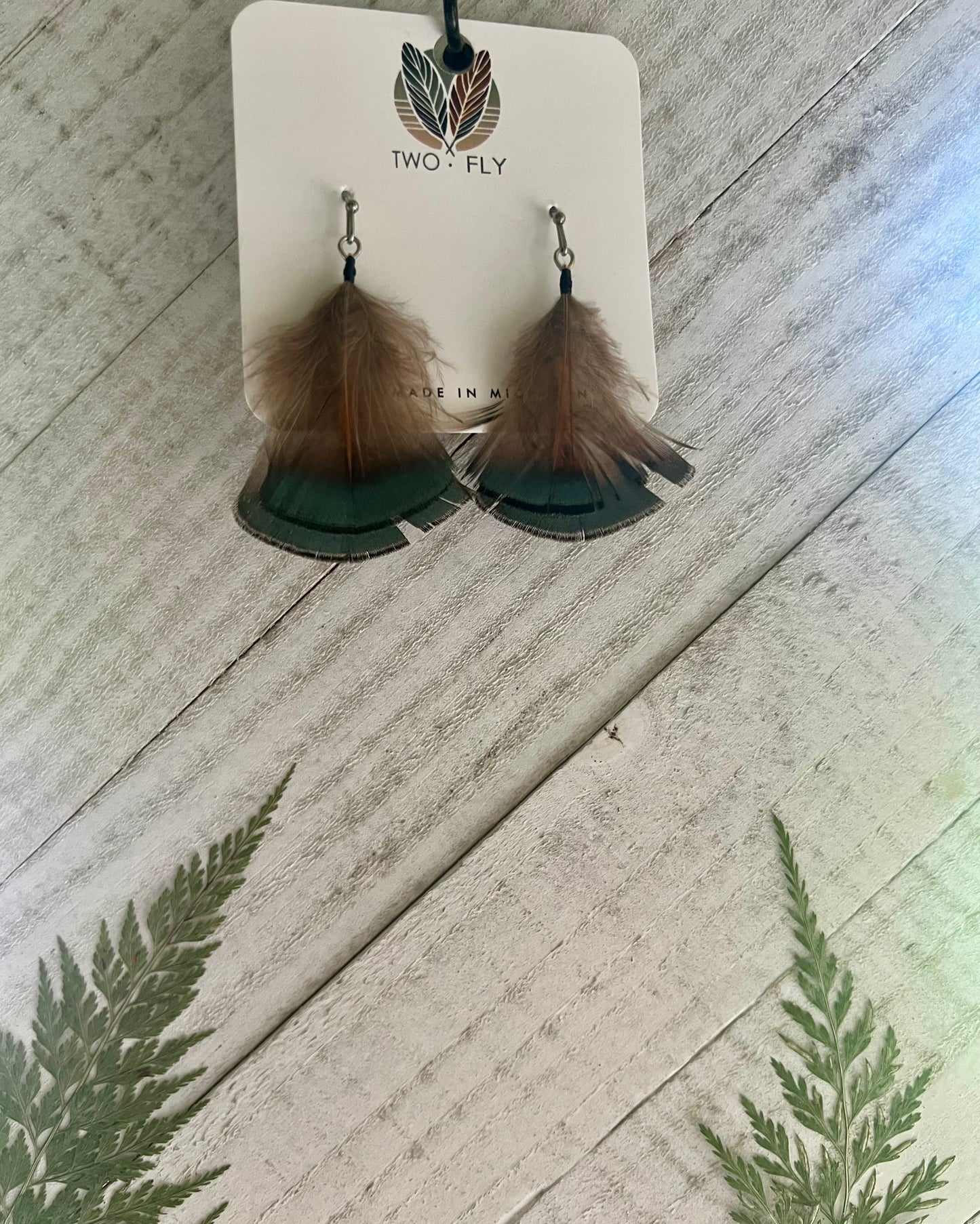 Brown & Green Fan Feather Earrings