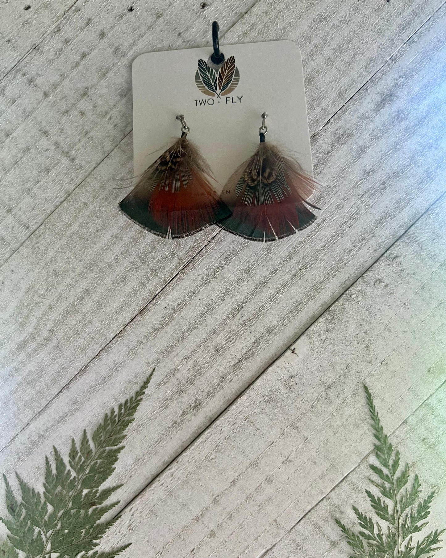 Brown & Red Fan Feather Earrings