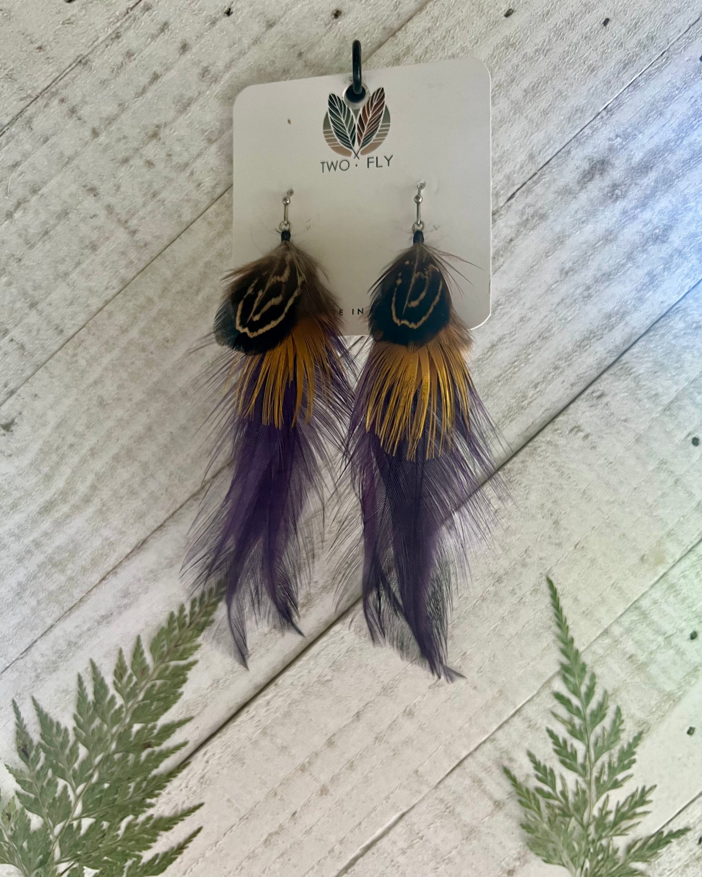 Purple & Gold Feather Earrings