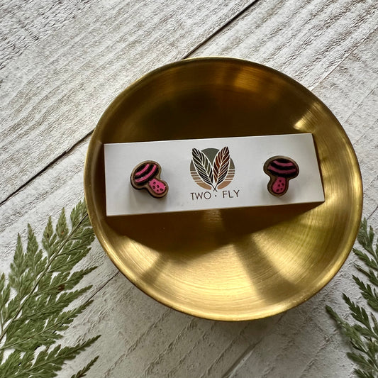 Pink & Black Striped Mushroom Stud Earrings