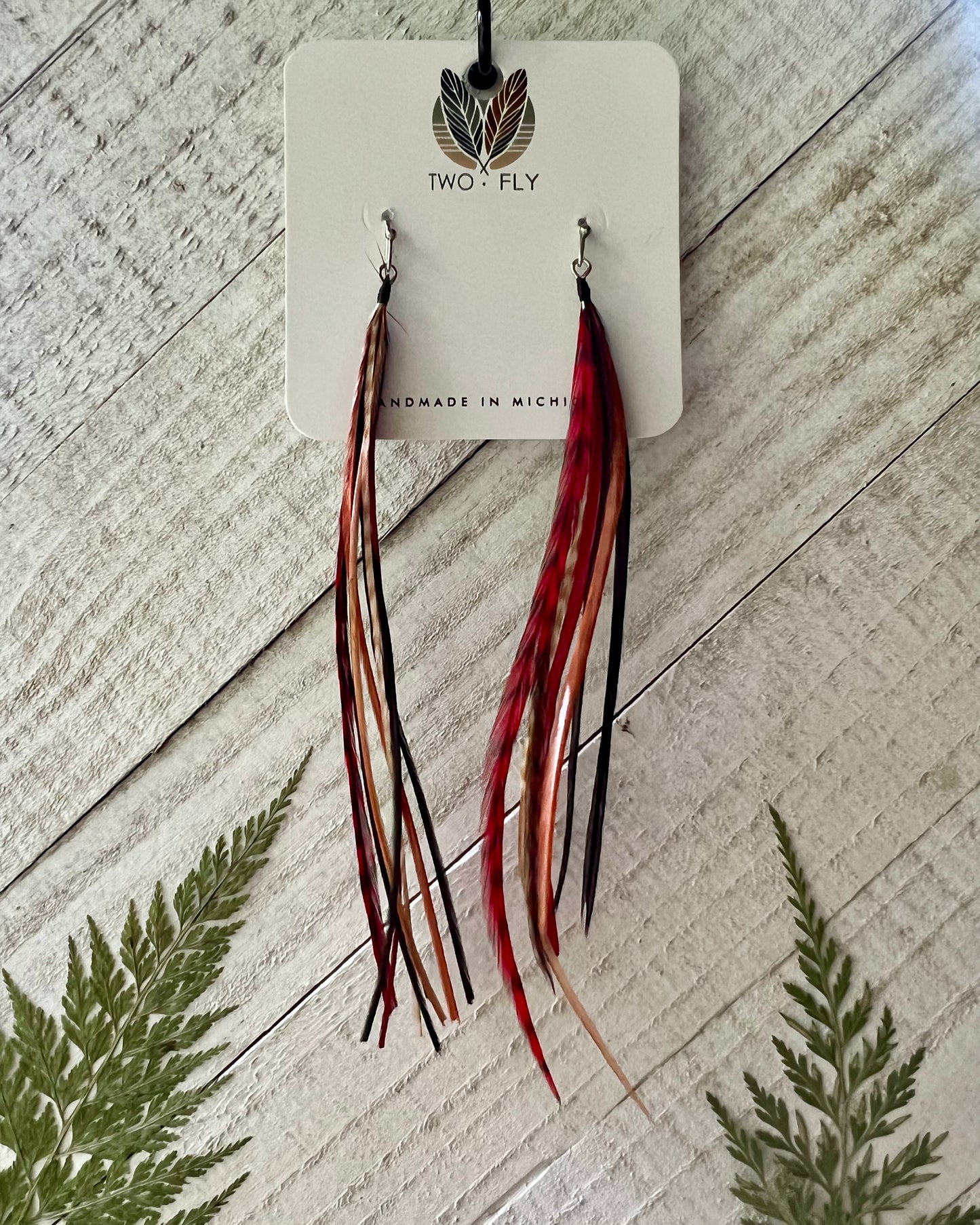 Red & Brown Long Feather Earrings