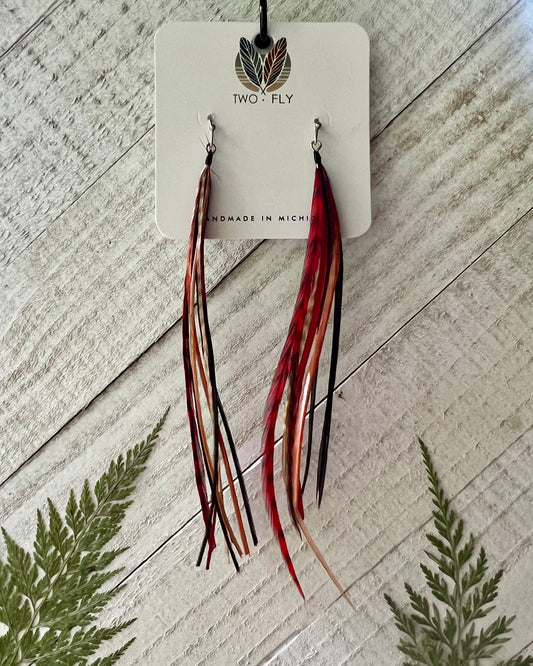 Red & Brown Long Feather Earrings
