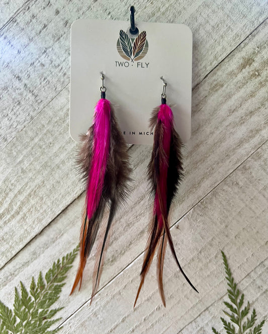 Hot Pink & Brown Long Feather Earrings