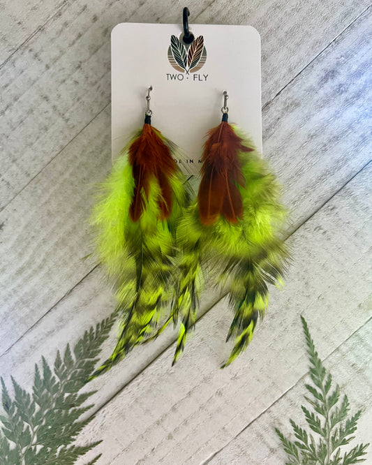 Neon Green & Orange Feather Earrings