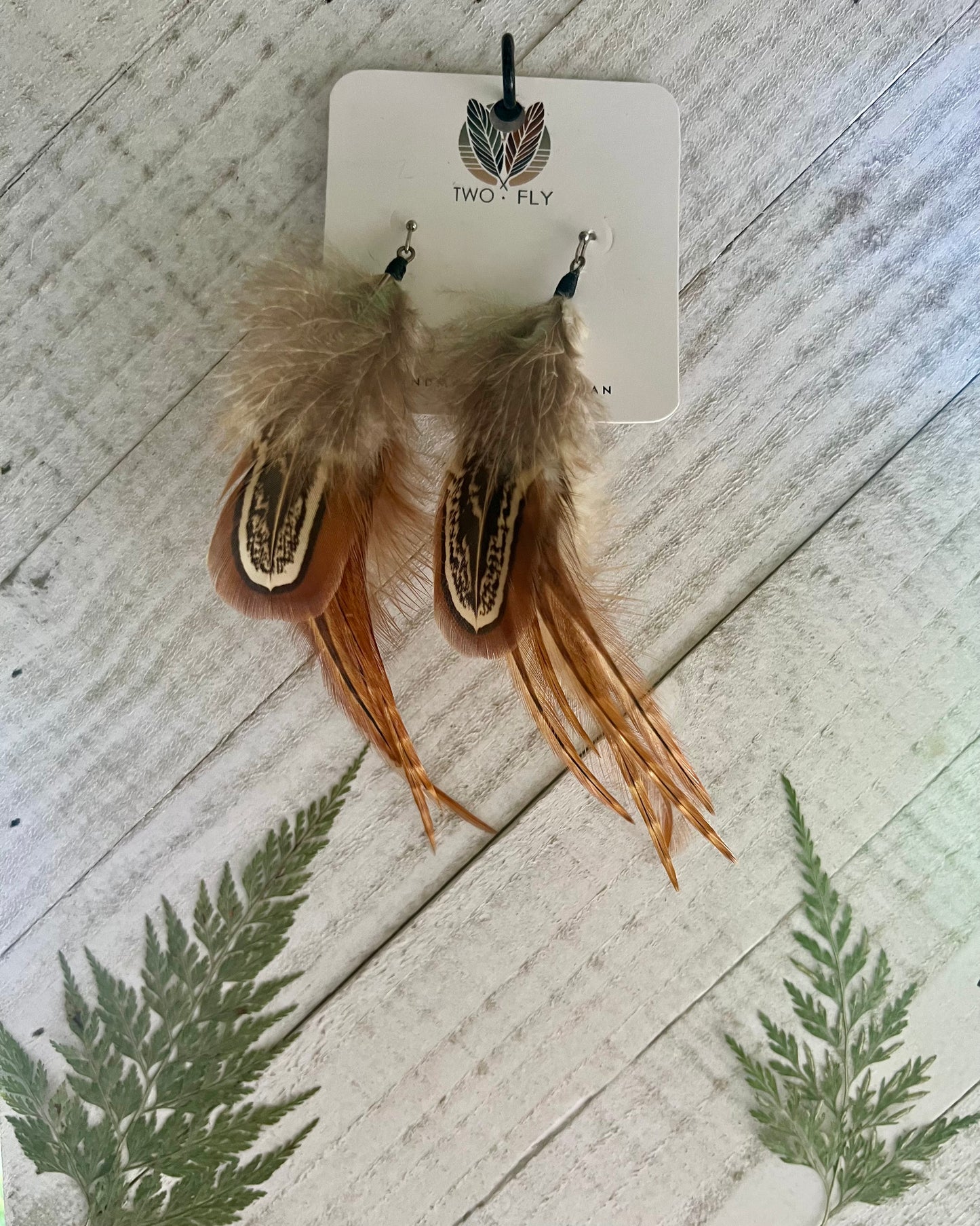 Tan & Brown Patterned Feather Earrings