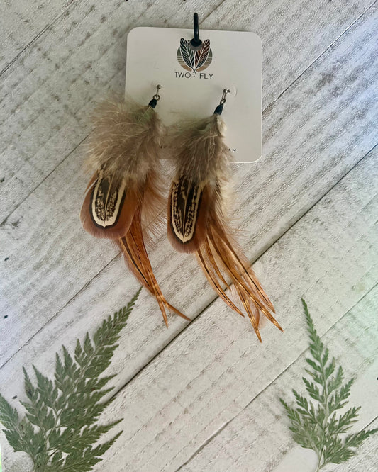 Tan & Brown Patterned Feather Earrings