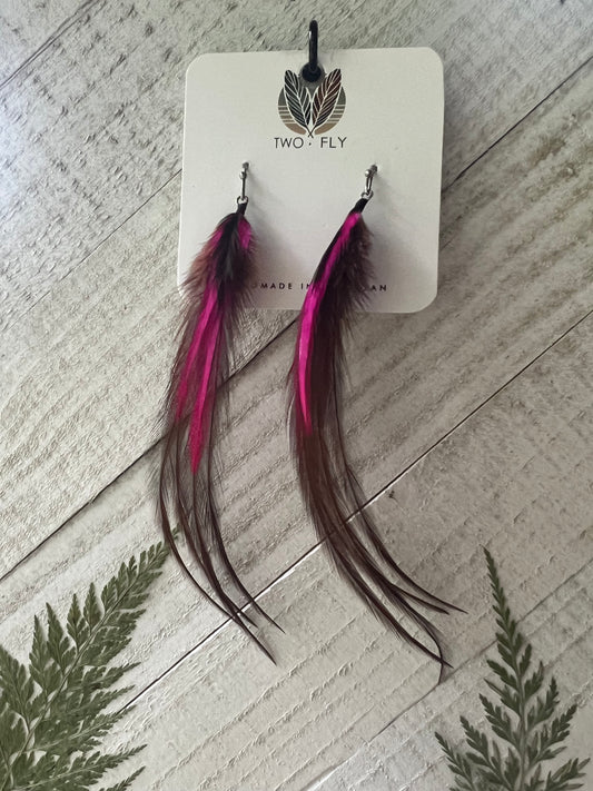 Hot Pink, Black & Brown Feather Earrings
