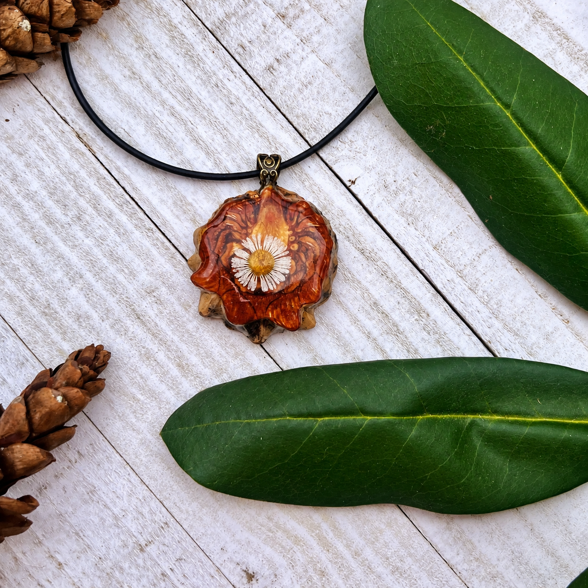 White Flower Knobcone Pinecone Necklace